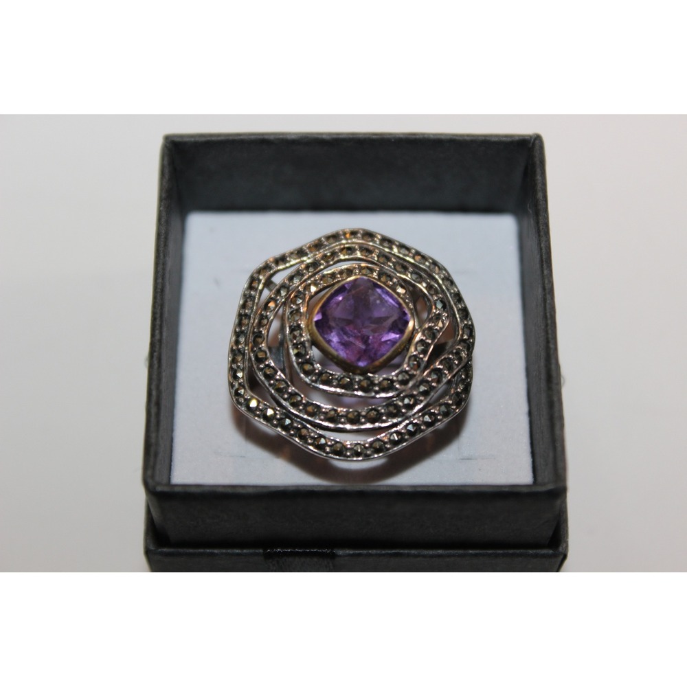 Sterling Silver 925 Amethyst Marcasite Swirl Cocktail Ring Size 7.5